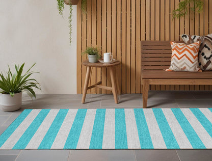 8' Runner Turquoise Striped Washable Non Skid Indoor Outdoor Runner Rug