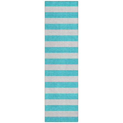 8' Runner Turquoise Striped Washable Non Skid Indoor Outdoor Runner Rug