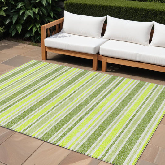 9' X 12' Green and Yellow Striped Washable Indoor Outdoor Area Rug