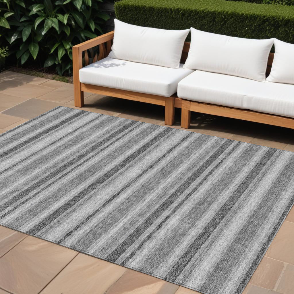 8' X 10' Gray and Black Striped Washable Non Skid Indoor Outdoor Area Rug