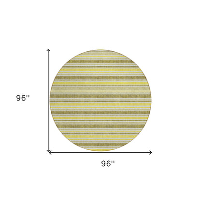 8' X 8' Khaki Yellow and Gray Round Striped Washable Non Skid Indoor Outdoor Area Rug