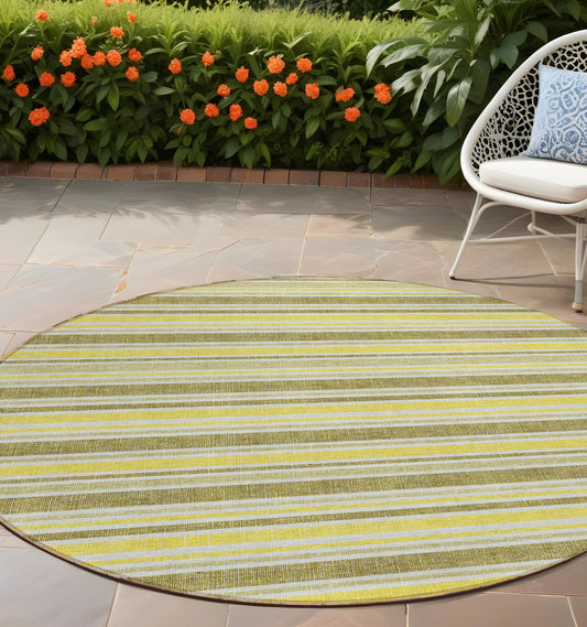 8' X 8' Khaki Yellow and Gray Round Striped Washable Non Skid Indoor Outdoor Area Rug