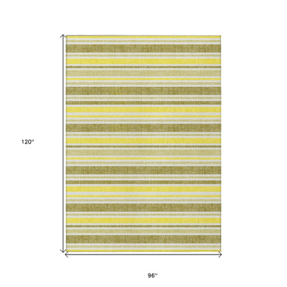 8' X 10' Khaki Yellow and Gray Striped Washable Non Skid Indoor Outdoor Area Rug