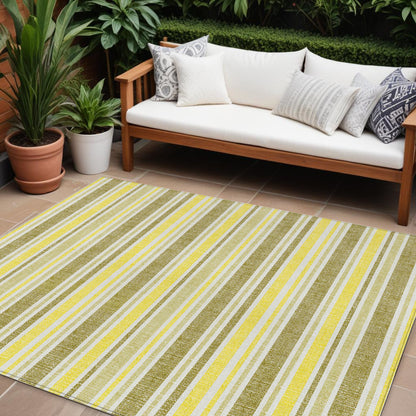 8' X 10' Khaki Yellow and Gray Striped Washable Non Skid Indoor Outdoor Area Rug