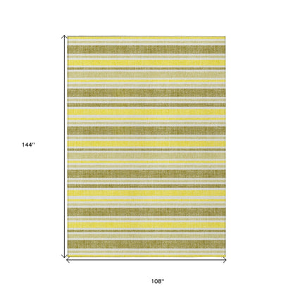 9' X 12' Khaki Yellow and Gray Striped Washable Non Skid Indoor Outdoor Area Rug