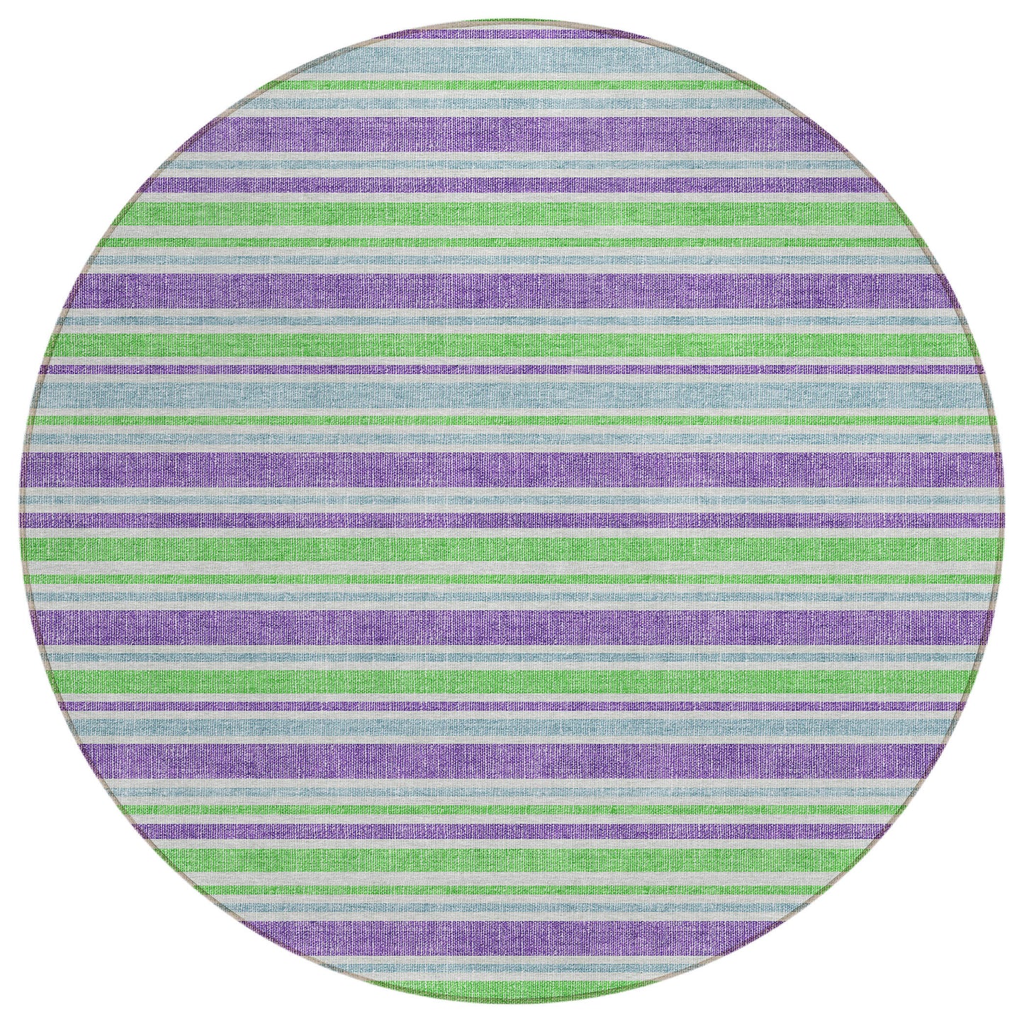 8' X 8' Green Purple and Blue Round Striped Washable Non Skid Indoor Outdoor Area Rug