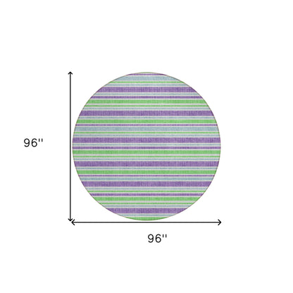 8' X 8' Green Purple and Blue Round Striped Washable Non Skid Indoor Outdoor Area Rug