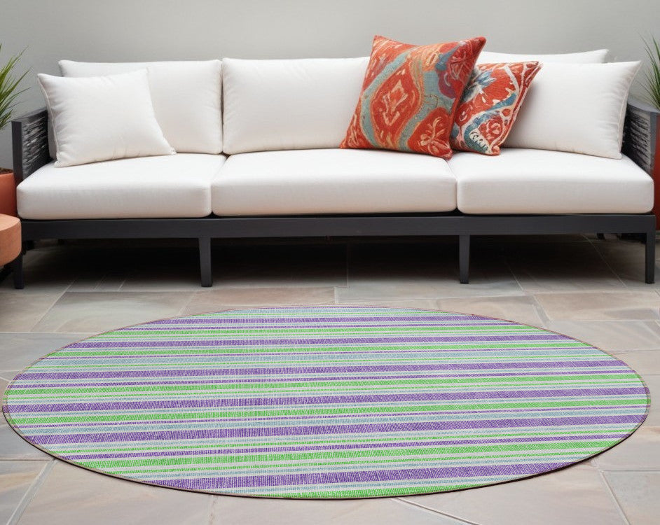 8' X 8' Green Purple and Blue Round Striped Washable Non Skid Indoor Outdoor Area Rug