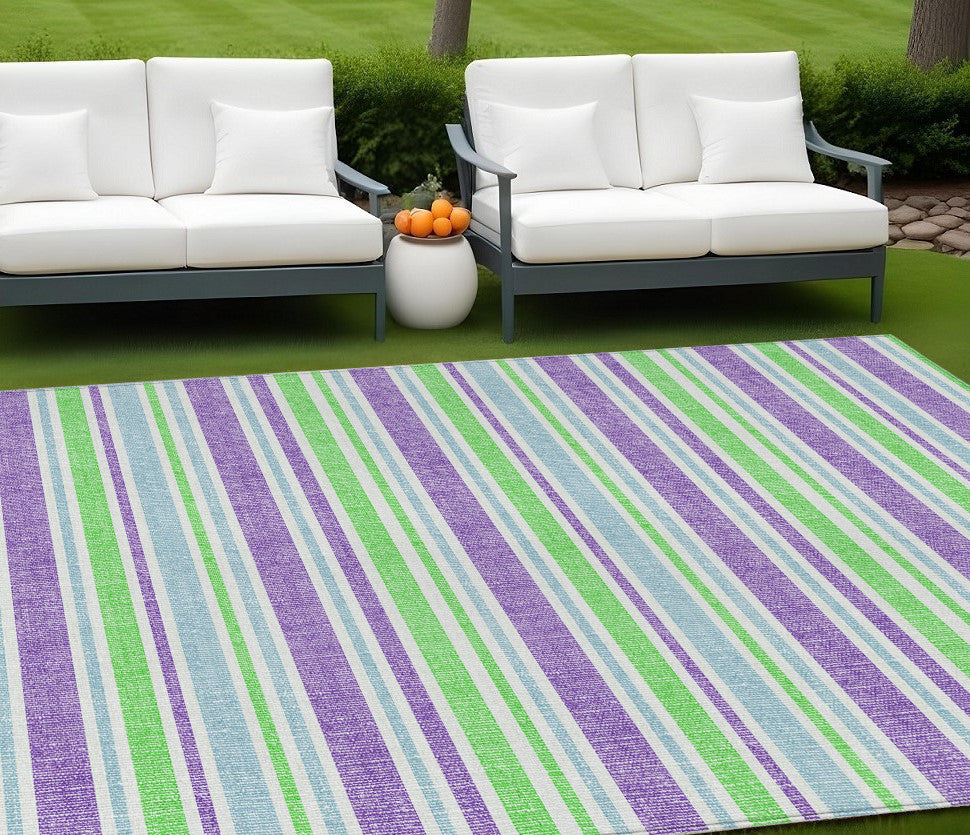 8' X 10' Green Purple and Blue Striped Washable Non Skid Indoor Outdoor Area Rug