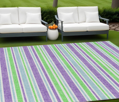 8' X 10' Green Purple and Blue Striped Washable Non Skid Indoor Outdoor Area Rug