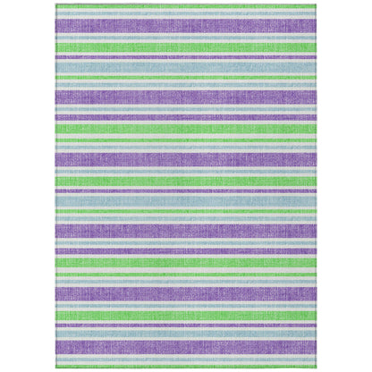 8' X 10' Green Purple and Blue Striped Washable Non Skid Indoor Outdoor Area Rug