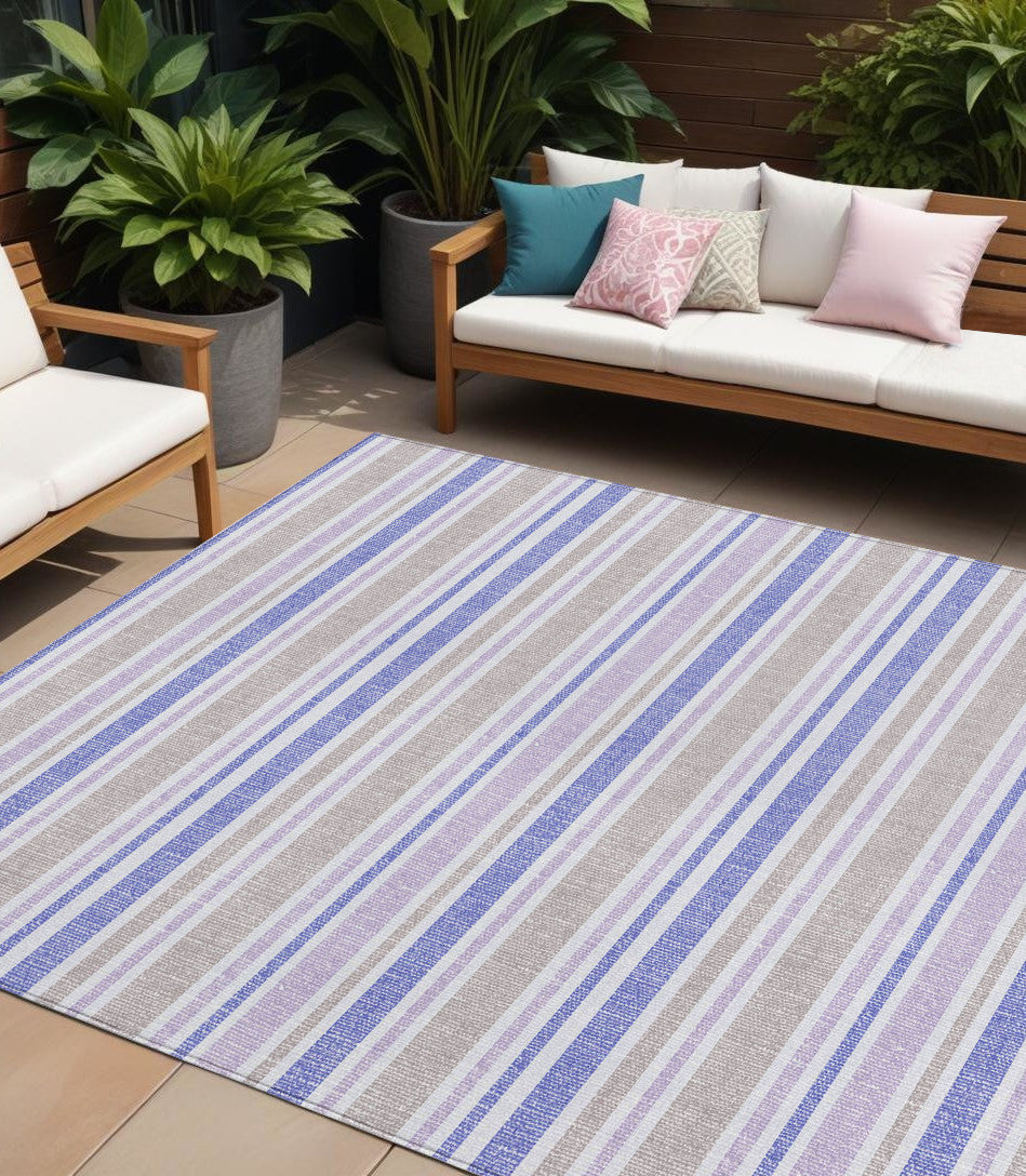 8' X 10' Ivory Blue and Gray Striped Washable Indoor Outdoor Area Rug