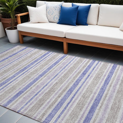 9' X 12' Ivory Blue and Gray Striped Washable Non Skid Indoor Outdoor Area Rug