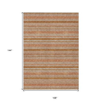 9' X 12' Beige and Orange Striped Washable Non Skid Indoor Outdoor Area Rug