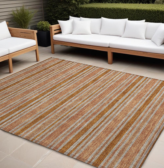 9' X 12' Beige and Orange Striped Washable Non Skid Indoor Outdoor Area Rug