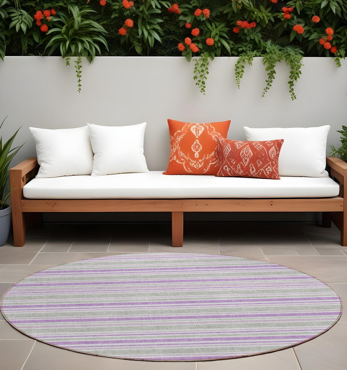 8' X 8' Purple Gray and White Round Striped Washable Non Skid Indoor Outdoor Area Rug