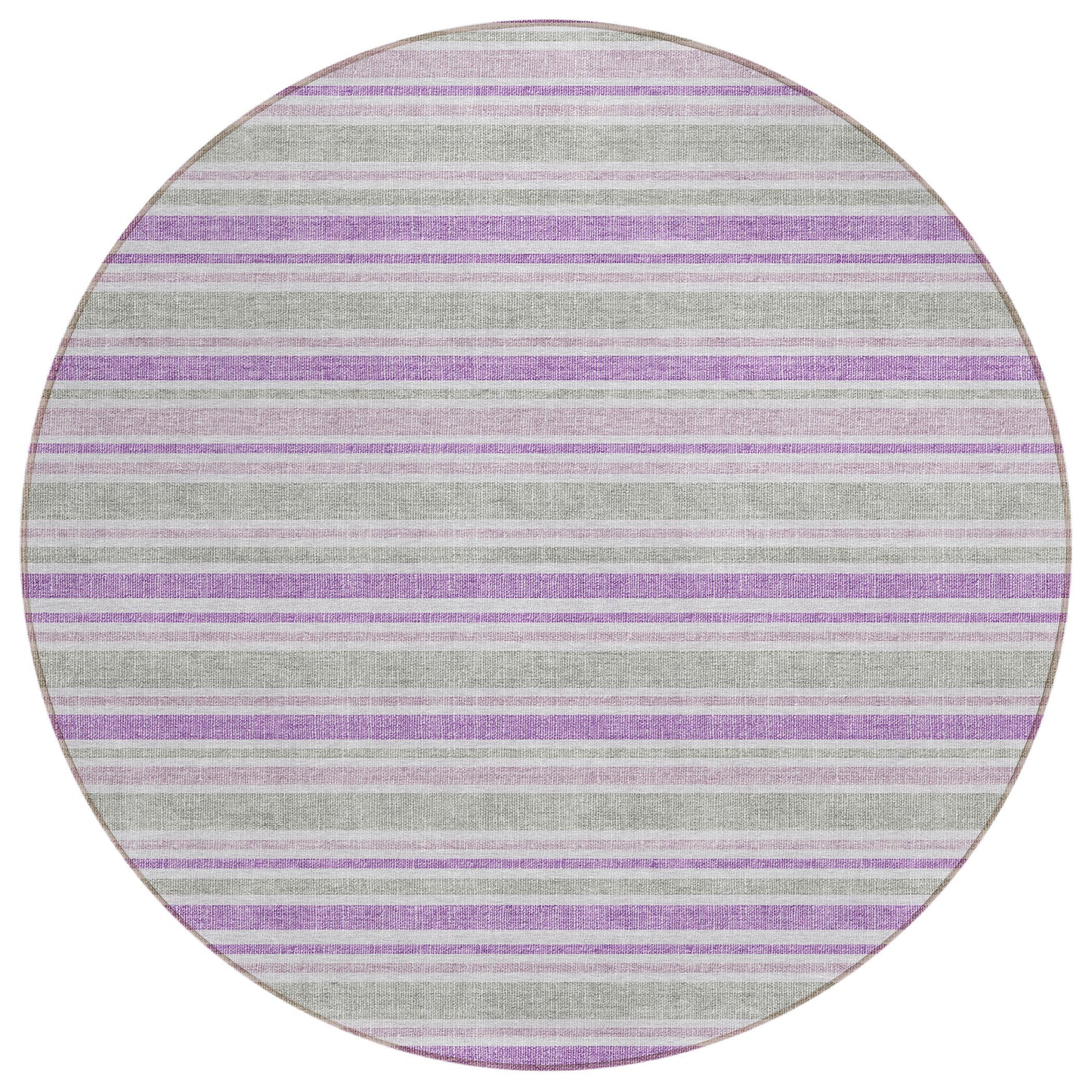 8' X 8' Purple Gray and White Round Striped Washable Non Skid Indoor Outdoor Area Rug