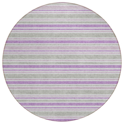 8' X 8' Purple Gray and White Round Striped Washable Non Skid Indoor Outdoor Area Rug