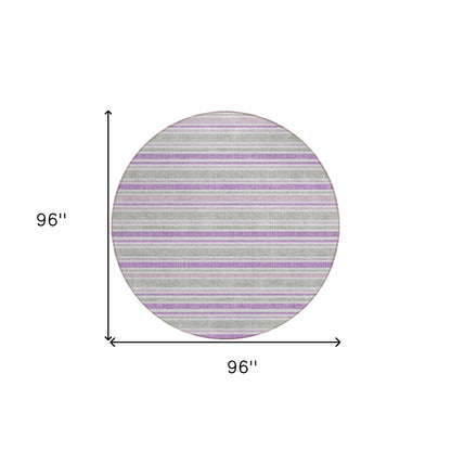 8' X 8' Purple Gray and White Round Striped Washable Non Skid Indoor Outdoor Area Rug