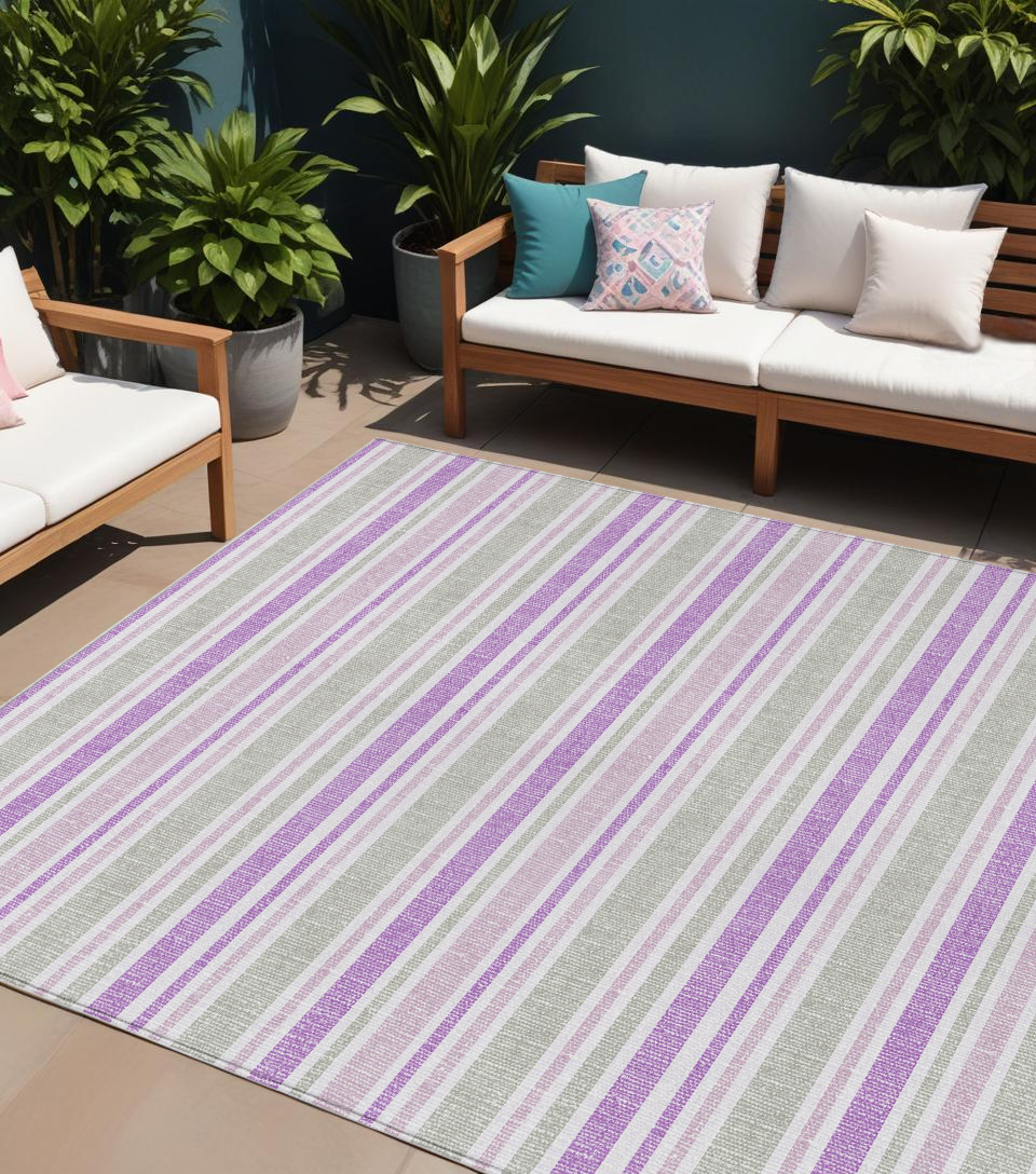 8' X 10' Purple Gray and White Striped Washable Non Skid Indoor Outdoor Area Rug