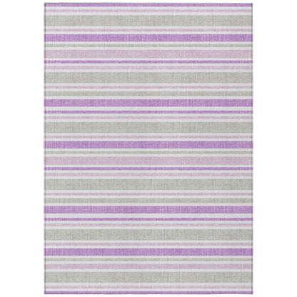 8' X 10' Purple Gray and White Striped Washable Non Skid Indoor Outdoor Area Rug