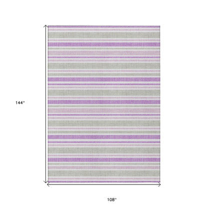 9' X 12' Purple Gray and White Striped Washable Non Skid Indoor Outdoor Area Rug