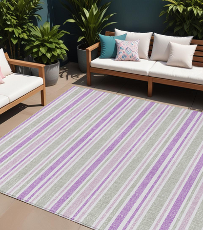 9' X 12' Purple Gray and White Striped Washable Non Skid Indoor Outdoor Area Rug