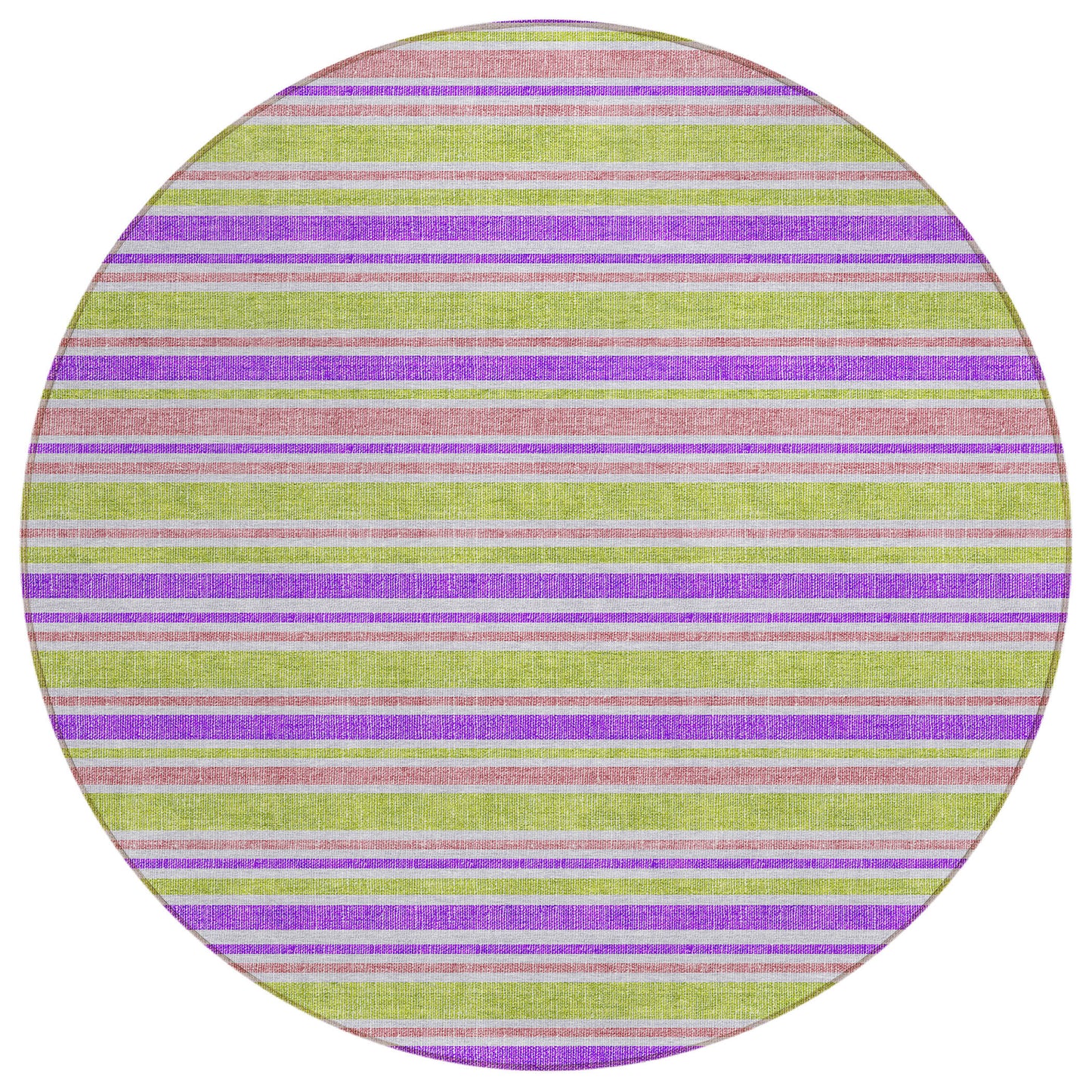 8' X 8' Purple Green and Pink Round Striped Washable Non Skid Indoor Outdoor Area Rug