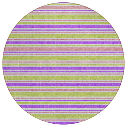 8' X 8' Purple Green and Pink Round Striped Washable Non Skid Indoor Outdoor Area Rug