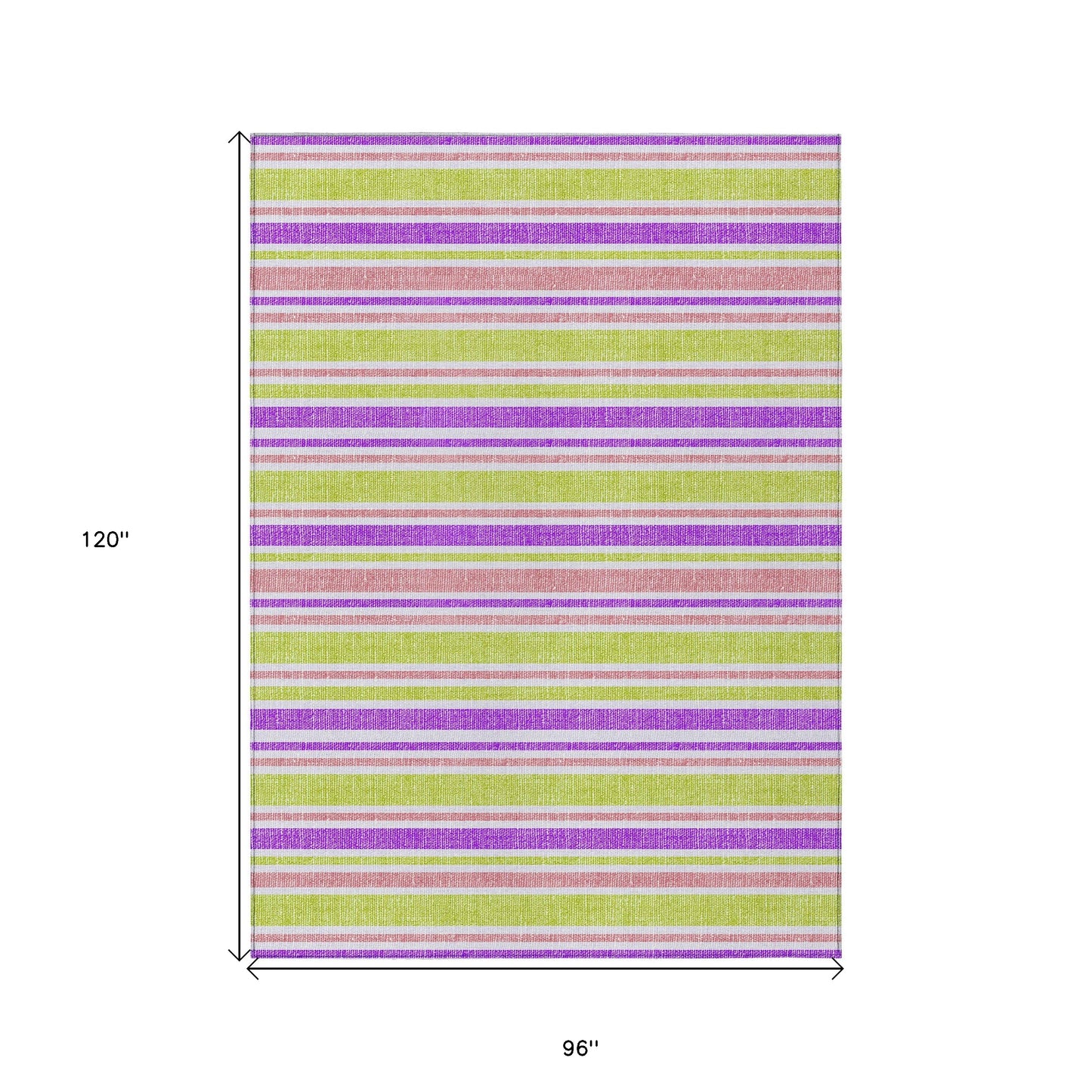 8' X 10' Purple Green and Pink Striped Washable Non Skid Indoor Outdoor Area Rug