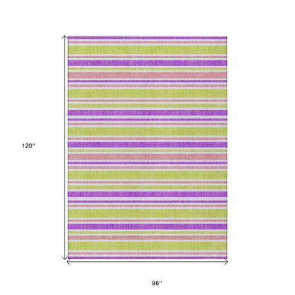 8' X 10' Purple Green and Pink Striped Washable Non Skid Indoor Outdoor Area Rug