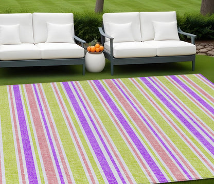 8' X 10' Purple Green and Pink Striped Washable Non Skid Indoor Outdoor Area Rug