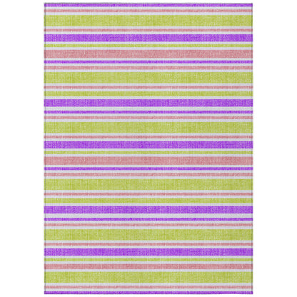 8' X 10' Purple Green and Pink Striped Washable Non Skid Indoor Outdoor Area Rug