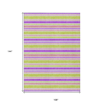 9' X 12' Purple Green and Pink Striped Washable Non Skid Indoor Outdoor Area Rug