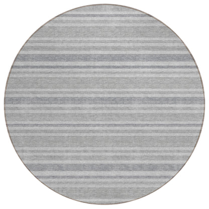 8' X 8' Black Silver and Gray Round Striped Washable Indoor Outdoor Area Rug