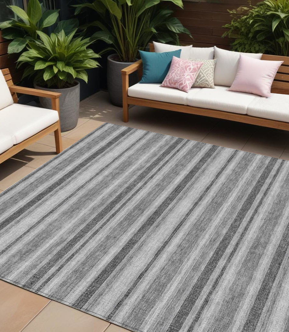 8' X 10' Black Silver and Gray Striped Washable Indoor Outdoor Area Rug