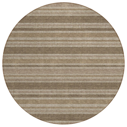 8' X 8' Taupe Round Striped Washable Indoor Outdoor Area Rug