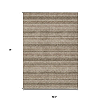 9' X 12' Taupe Striped Washable Indoor Outdoor Area Rug