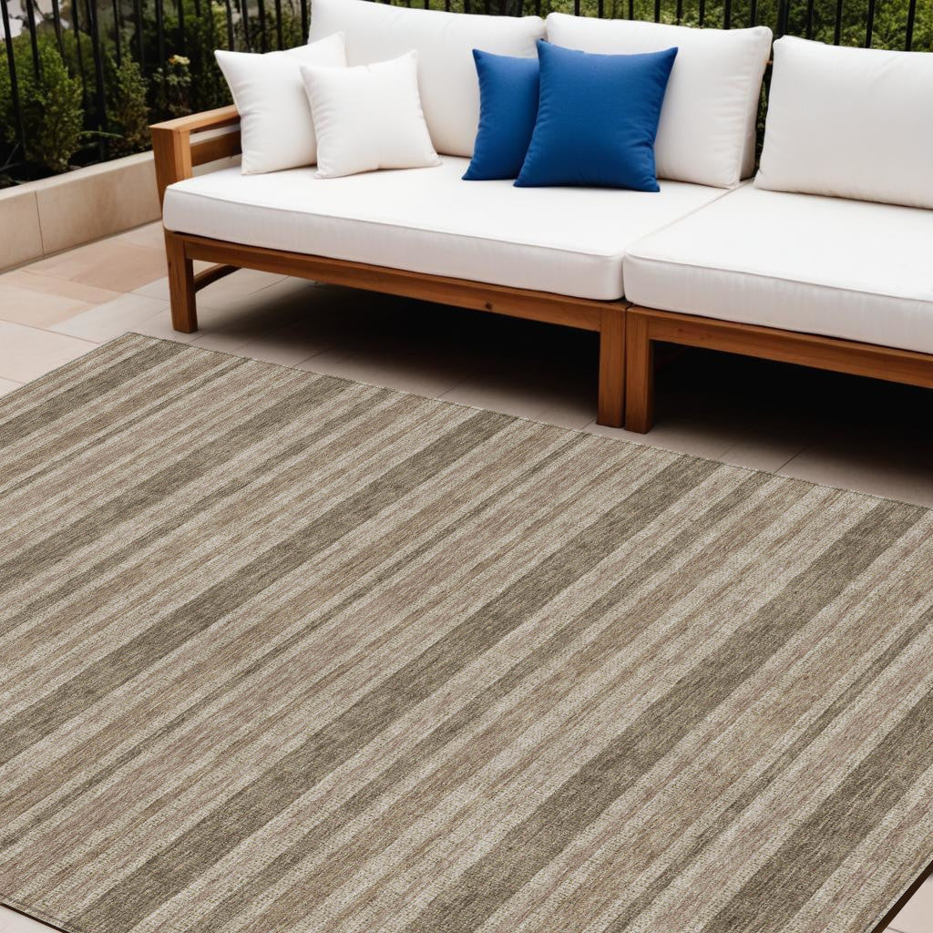 9' X 12' Taupe Striped Washable Indoor Outdoor Area Rug