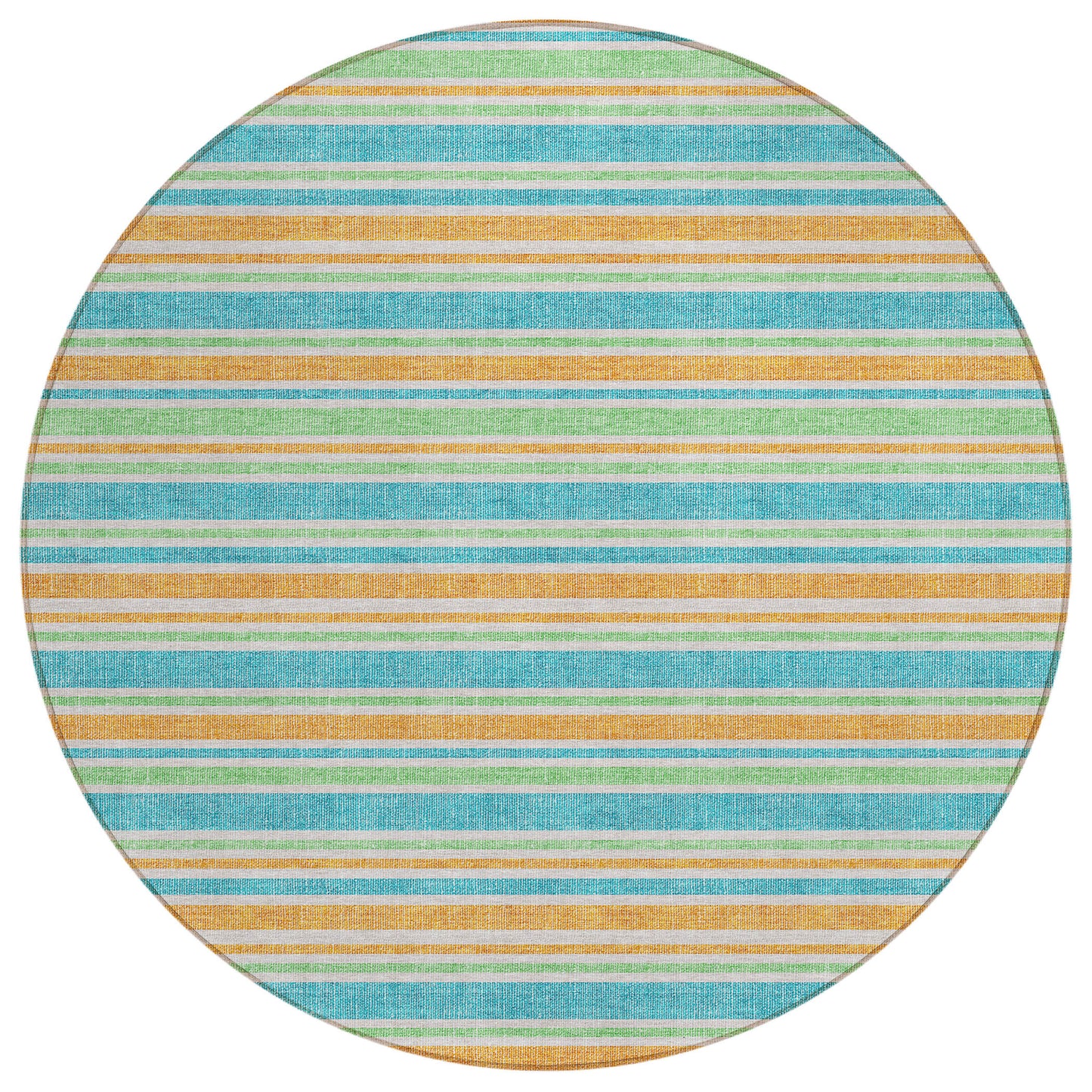 8' X 8' Teal Yellow and Green Round Striped Washable Non Skid Indoor Outdoor Area Rug