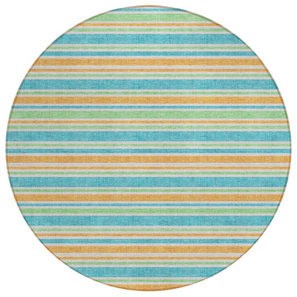 8' X 8' Teal Yellow and Green Round Striped Washable Non Skid Indoor Outdoor Area Rug