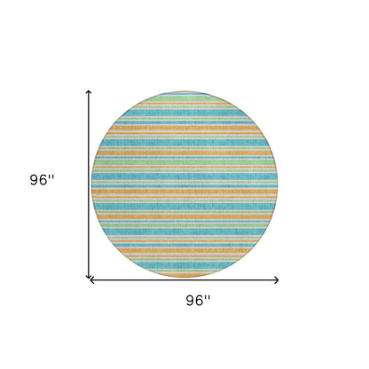 8' X 8' Teal Yellow and Green Round Striped Washable Non Skid Indoor Outdoor Area Rug