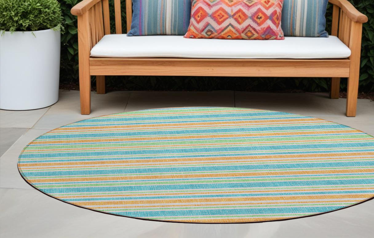 8' X 8' Teal Yellow and Green Round Striped Washable Non Skid Indoor Outdoor Area Rug