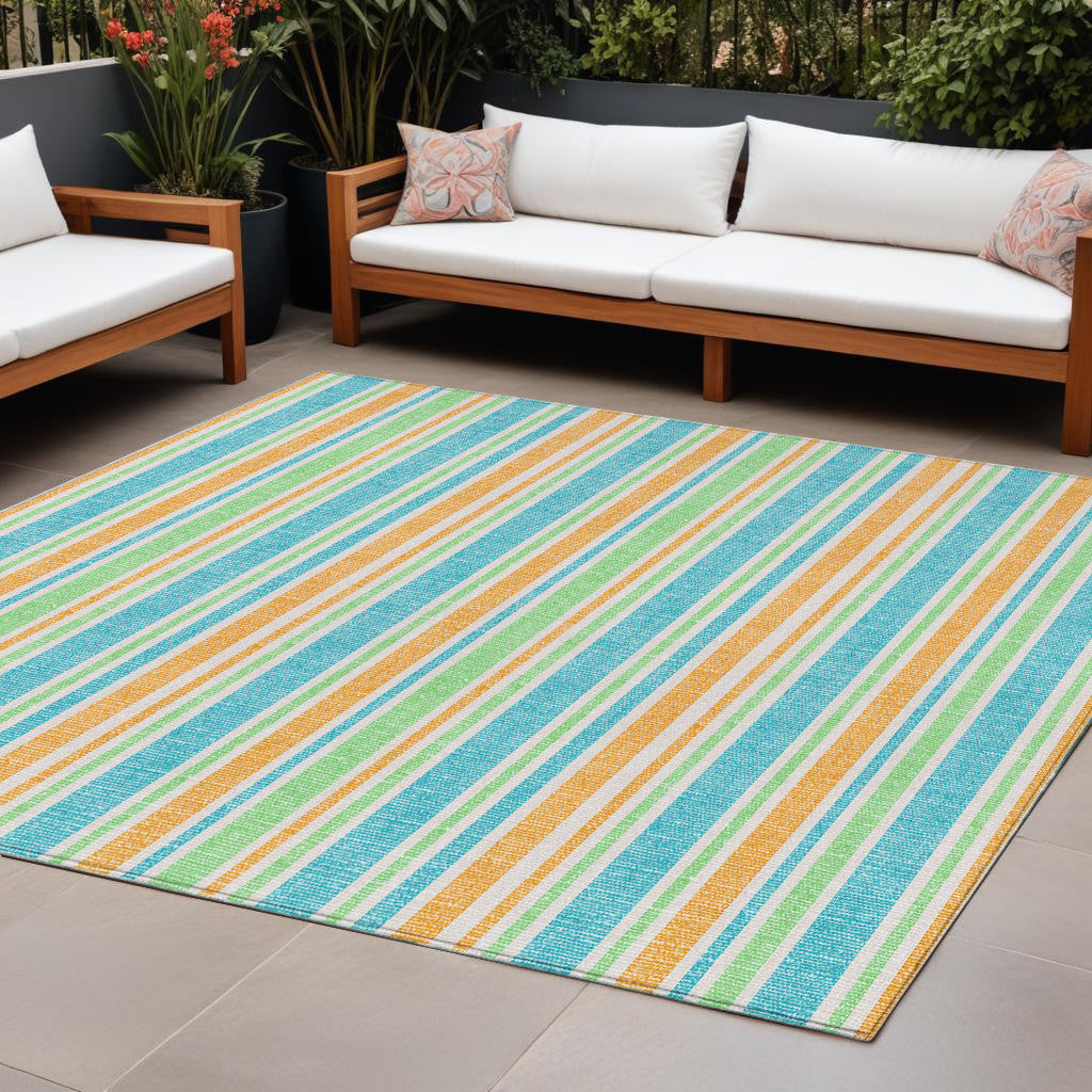 8' X 10' Teal Yellow and Green Striped Washable Non Skid Indoor Outdoor Area Rug