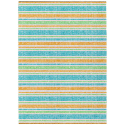 8' X 10' Teal Yellow and Green Striped Washable Non Skid Indoor Outdoor Area Rug