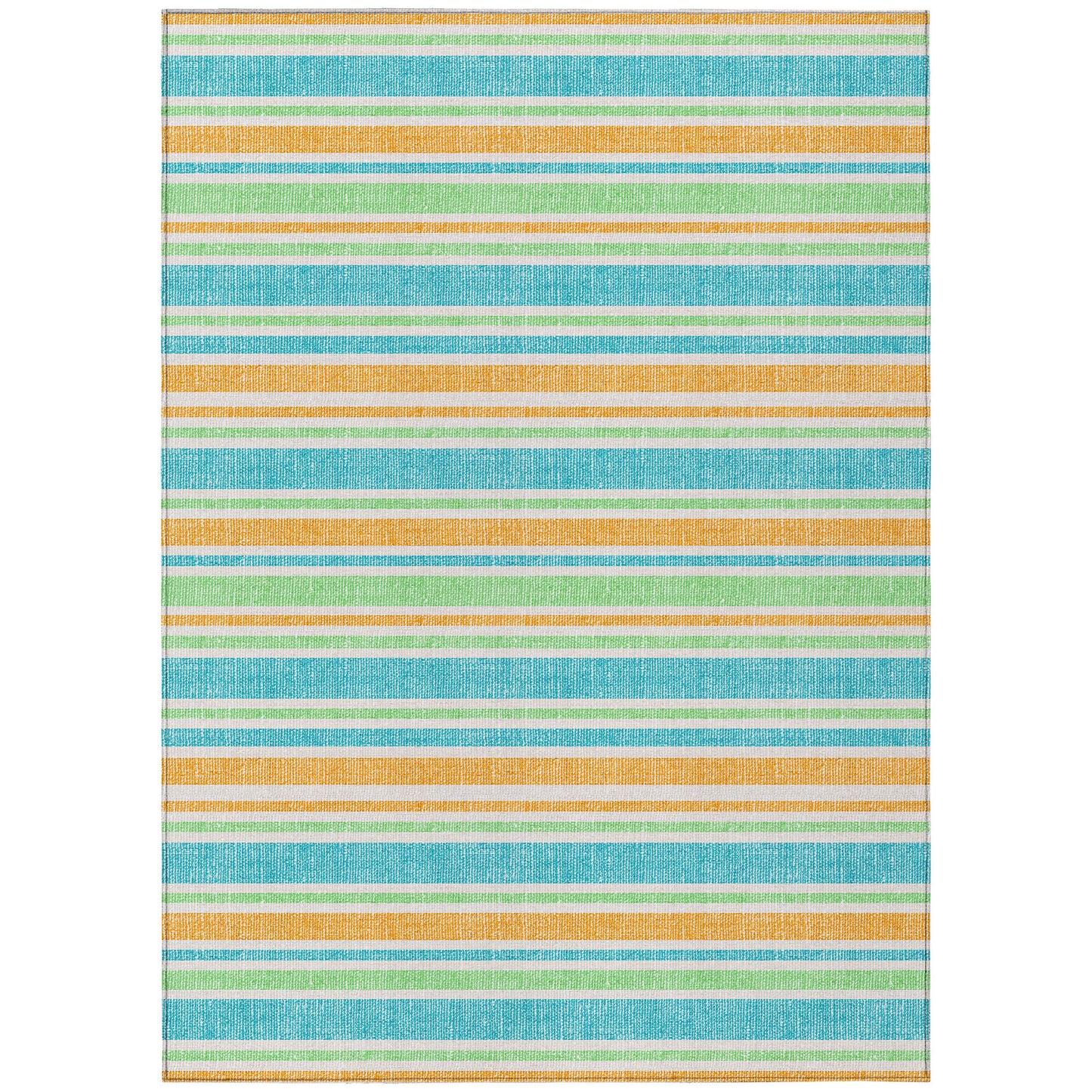 9' X 12' Teal Yellow and Green Striped Washable Non Skid Indoor Outdoor Area Rug