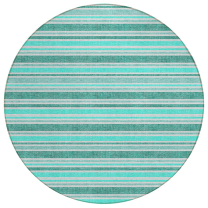 8' X 8' Turquoise Round Striped Washable Indoor Outdoor Area Rug