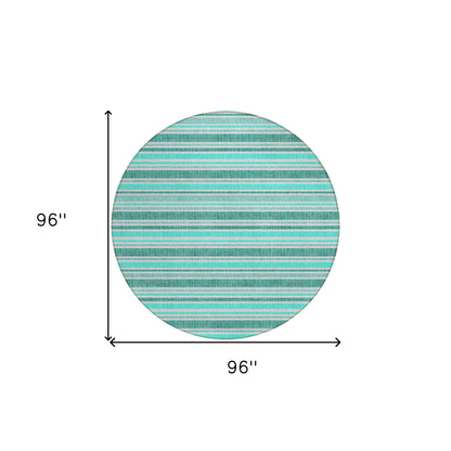 8' X 8' Turquoise Round Striped Washable Indoor Outdoor Area Rug