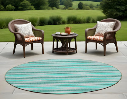 8' X 8' Turquoise Round Striped Washable Indoor Outdoor Area Rug