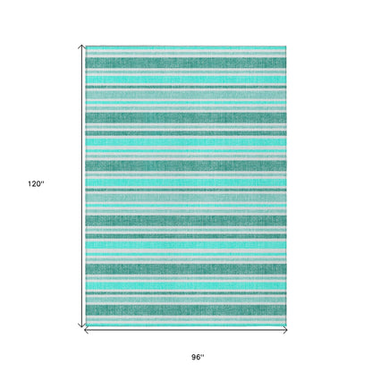 8' X 10' Turquoise Striped Washable Indoor Outdoor Area Rug